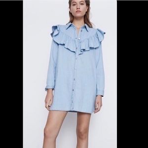 NWOT Zara denim ruffle mini shirt dress sz M